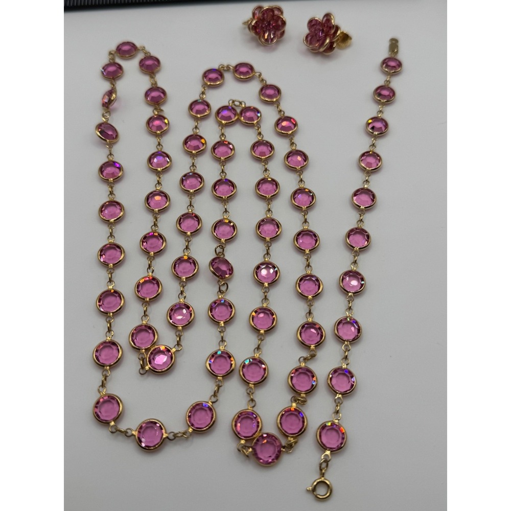 Vintage Pink Open Back Crystal Necklace Clip On Earrings Bracelet Set Gold Tone